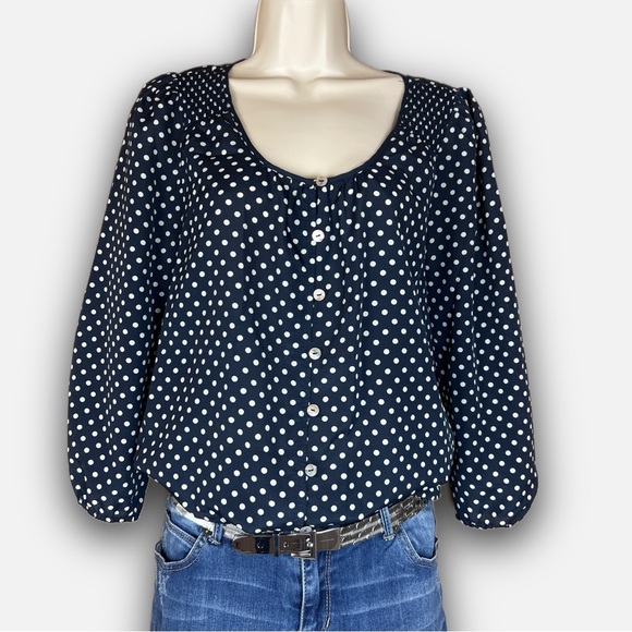Limited Navy Blue & White Polka Dot 3/4 Sleeves Shell Button Blouse - Picture 1 of 7